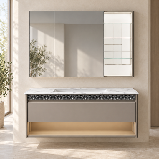 SANIKB NB-3026-100 vanity cabinet, basin and matching mirror in a calm illustrative bathroom setting