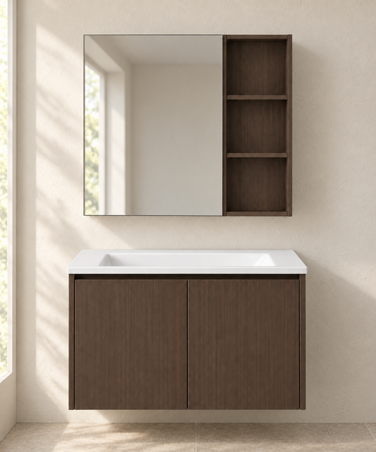 Walnut-Look Painted Stainless Steel Bathroom Vanity bathroom scene — NB-505-800