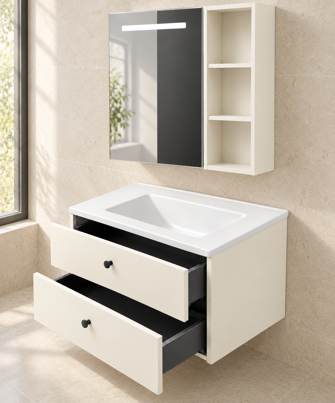 Cream White Drawer Vanity with Smart Mirror bathroom scene — NB-507A-800