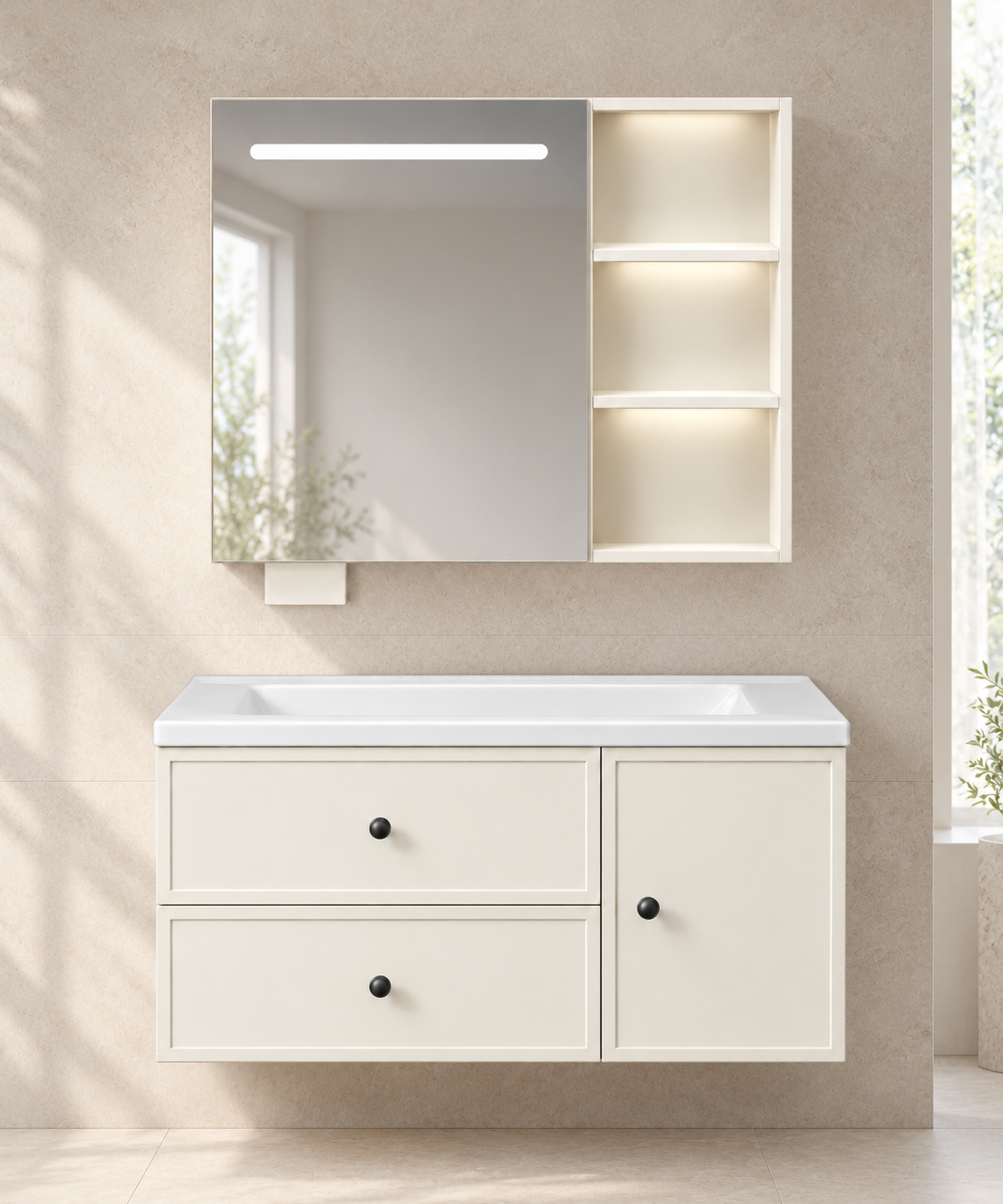 Cream White Drawer Vanity with Smart Mirror bathroom scene — NB-507A-900