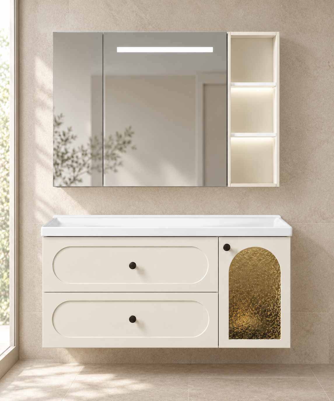 Meridian Grey Smart Mirror Stainless Steel Vanity bathroom scene — NB-508A-1000