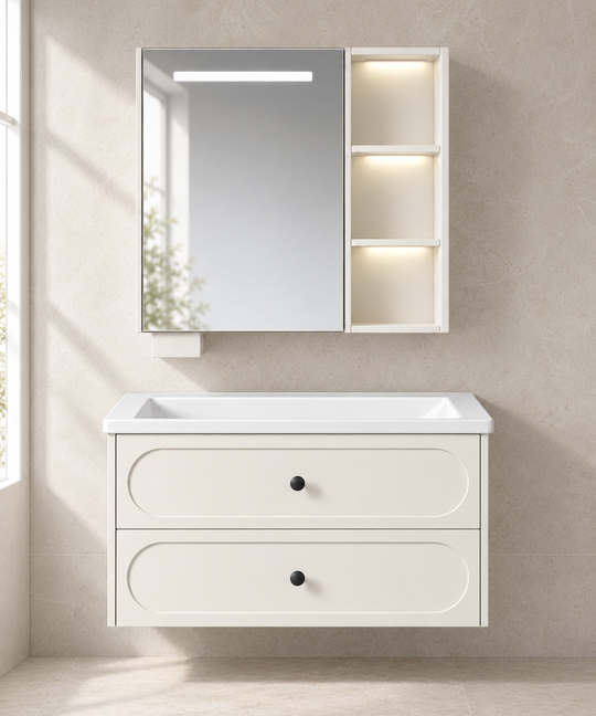 Meridian Grey Smart Mirror Stainless Steel Vanity bathroom scene — NB-508A-800
