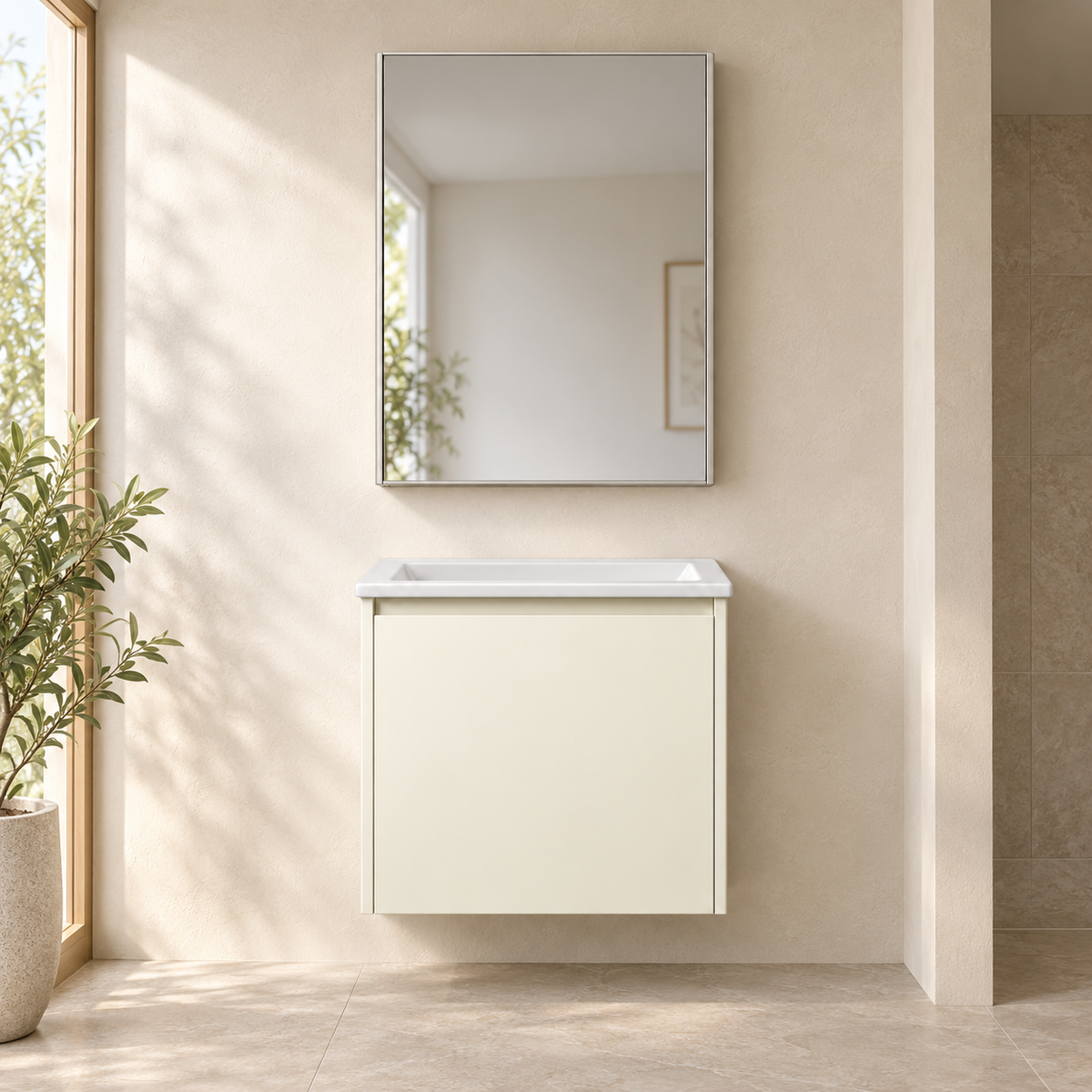 SANIKB NB-510-500 vanity cabinet, basin and matching mirror in a calm illustrative bathroom setting