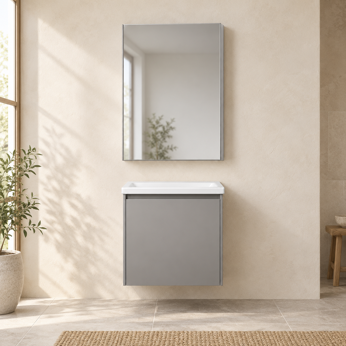 SANIKB NB-511-500 vanity cabinet, basin and matching mirror in a calm illustrative bathroom setting