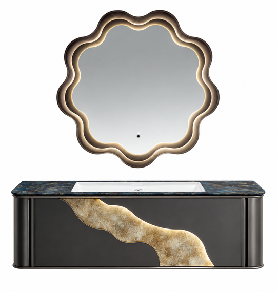 LD-3955 vanity cabinet, basin and matching mirror on white background