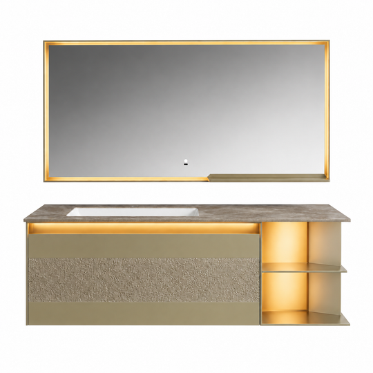 LD-3966 vanity cabinet, basin and matching mirror on white background
