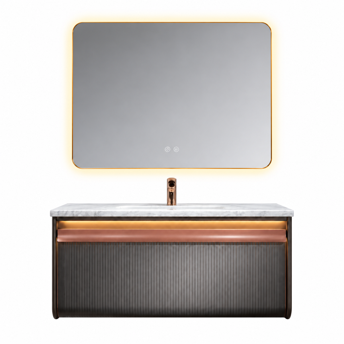 LD-5362 vanity cabinet, basin and matching mirror on white background