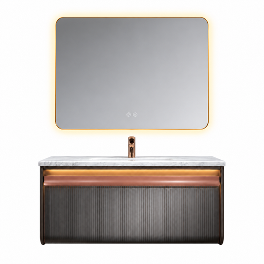 LD-5362 vanity cabinet, basin and matching mirror on white background