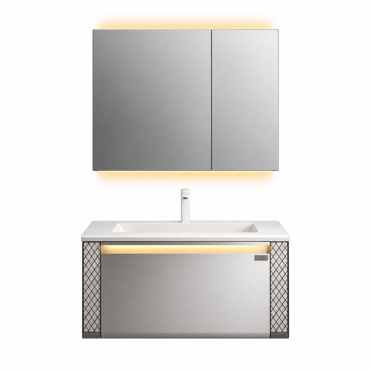 LD-5363 vanity cabinet, basin and matching mirror on white background