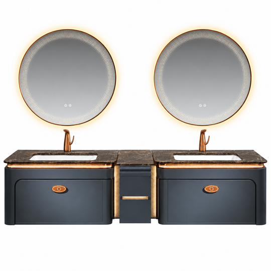 LD-5367 vanity cabinet, basin and matching mirror on white background
