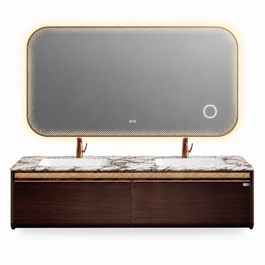 LD-5369 vanity cabinet, basin and matching mirror on white background