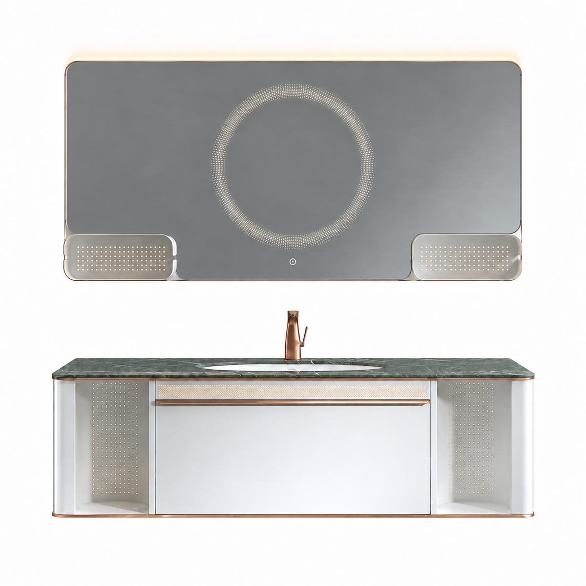 LD-5370 vanity cabinet, basin and matching mirror on white background