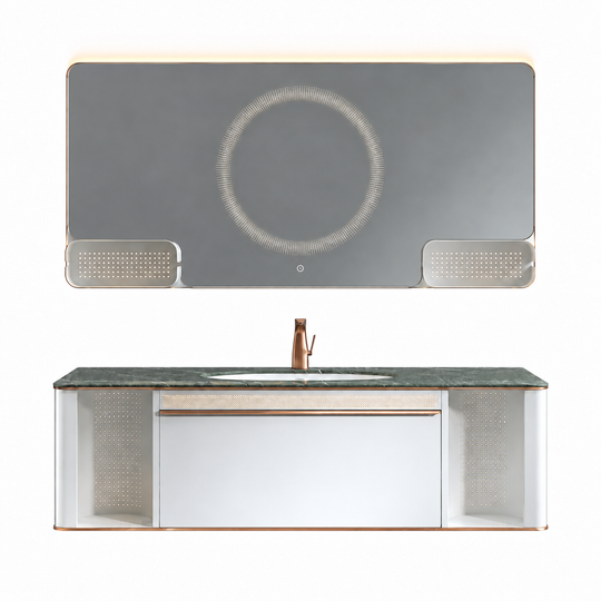 LD-5370 vanity cabinet, basin and matching mirror on white background