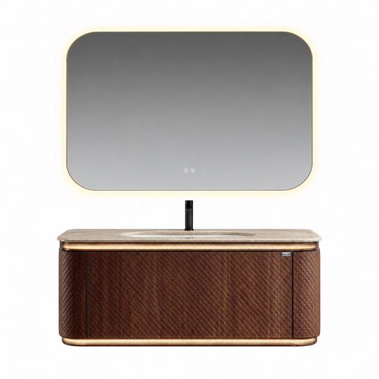 LD-5375 vanity cabinet, basin and matching mirror on white background