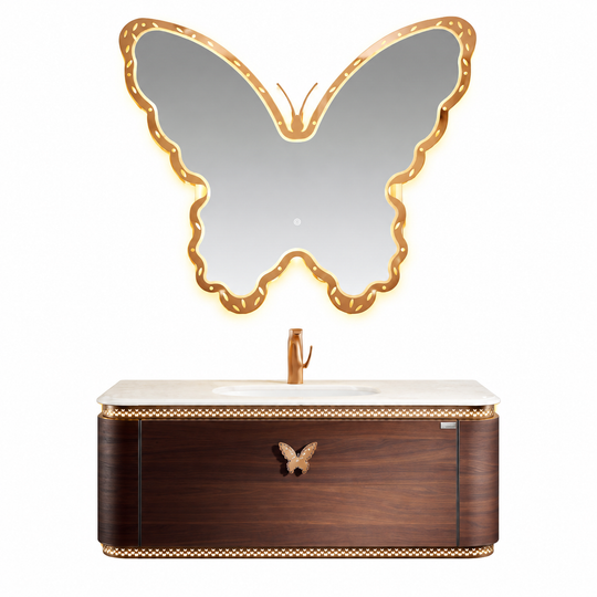 LD-5376 vanity cabinet, basin and matching mirror on white background