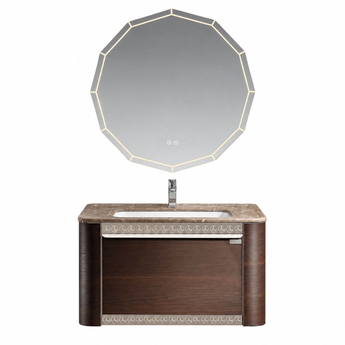 LD-5379 vanity cabinet, basin and matching mirror on white background