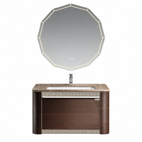 LD-5379 vanity cabinet, basin and matching mirror on white background