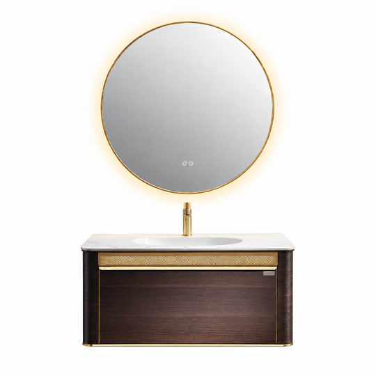 LD-5382 vanity cabinet, basin and matching mirror on white background