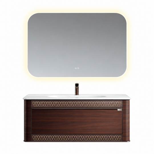LD-5383 vanity cabinet, basin and matching mirror on white background