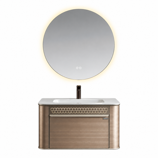 LD-5385 vanity cabinet, basin and matching mirror on white background