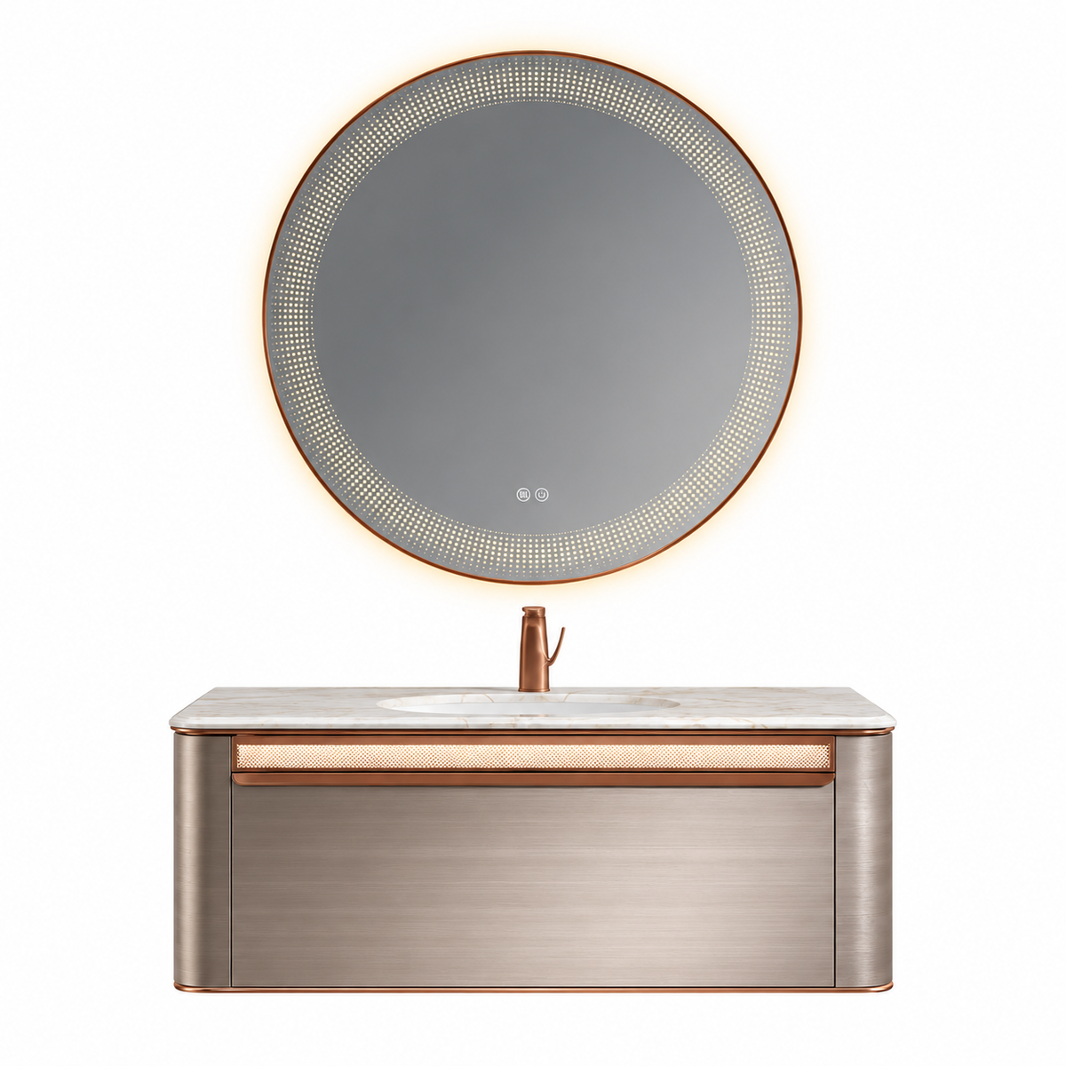 LD-5386 vanity cabinet, basin and matching mirror on white background