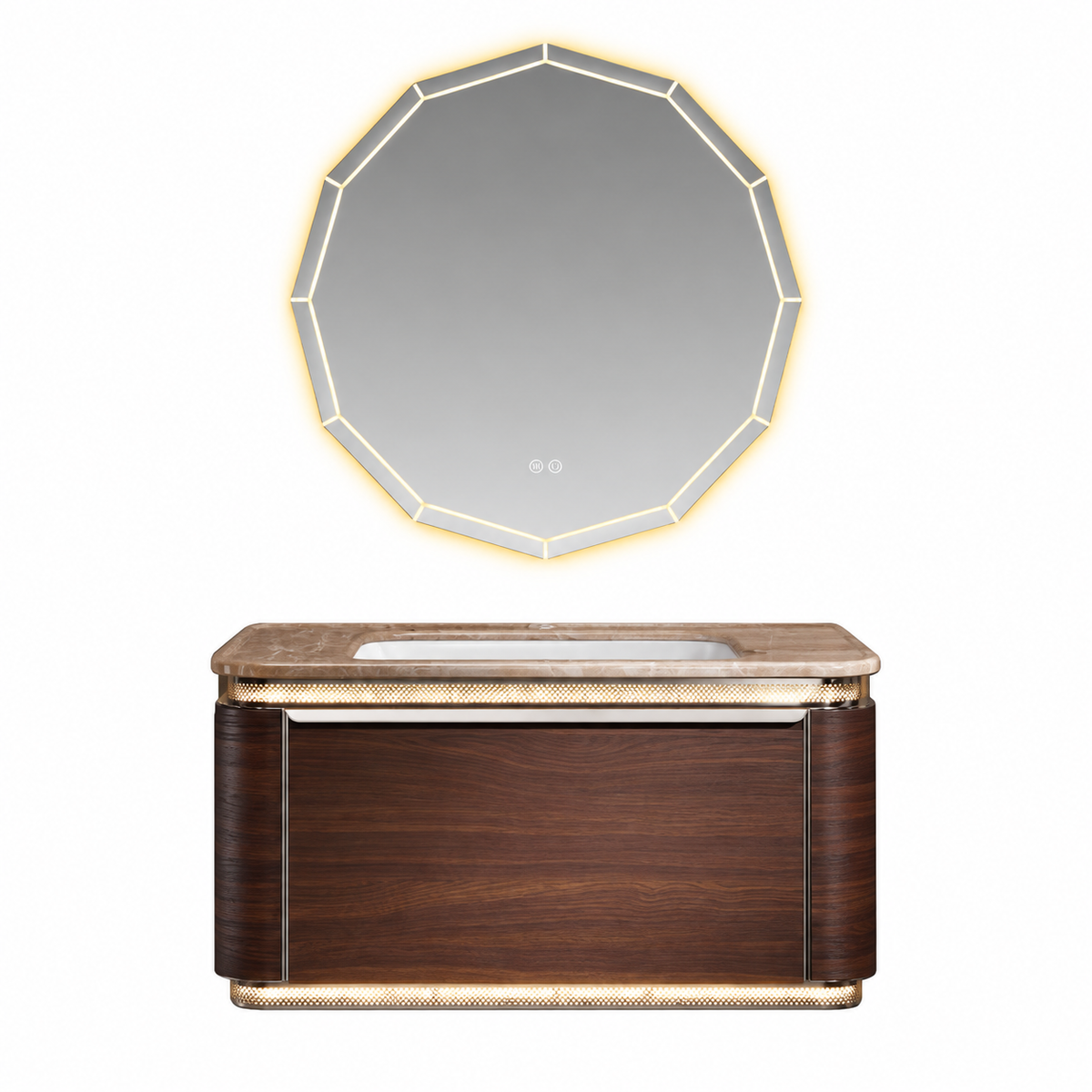 LD-5388 vanity cabinet, basin and matching mirror on white background