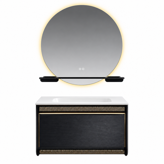 LD-5389 vanity cabinet, basin and matching mirror on white background