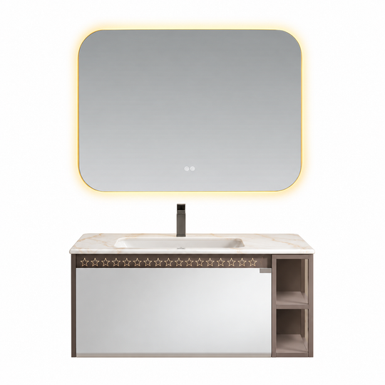 LD-5390 vanity cabinet, basin and matching mirror on white background