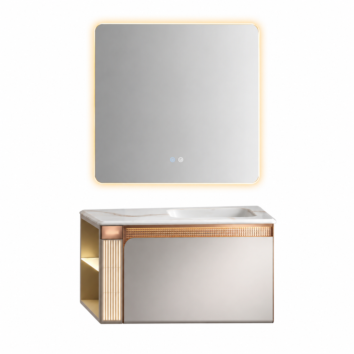 LD-5392 vanity cabinet, basin and matching mirror on white background