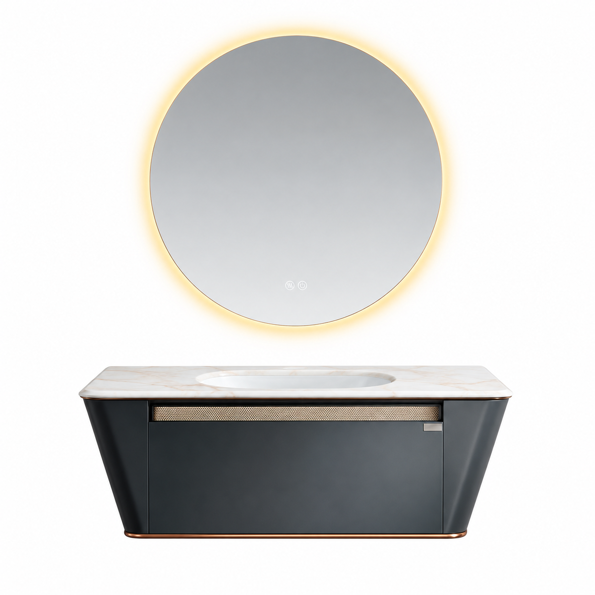 LD-5396 vanity cabinet, basin and matching mirror on white background