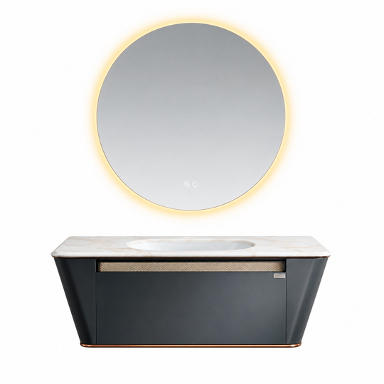LD-5396 vanity cabinet, basin and matching mirror on white background