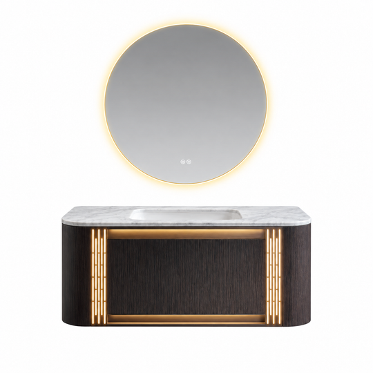LD-5398 vanity cabinet, basin and matching mirror on white background