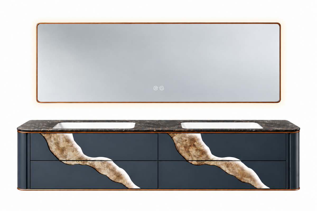 LD-5399 vanity cabinet, basin and matching mirror on white background