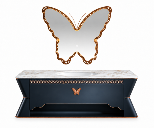 LD-5500 vanity cabinet, basin and matching mirror on white background