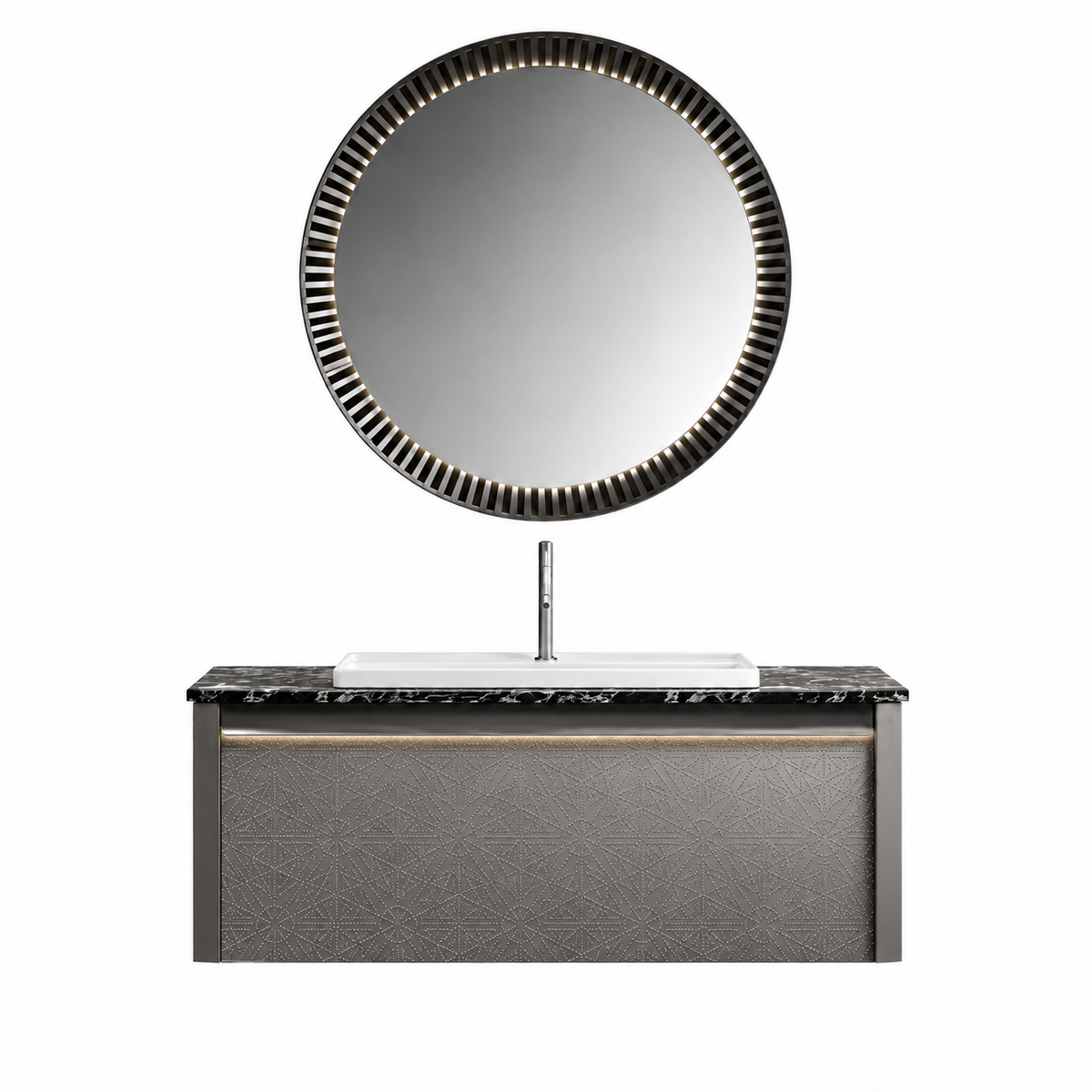 NB-3002-100 vanity cabinet, basin and matching mirror on white background