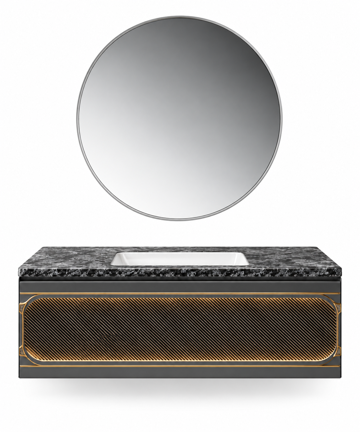 NB-3003-100 vanity cabinet, basin and matching mirror on white background