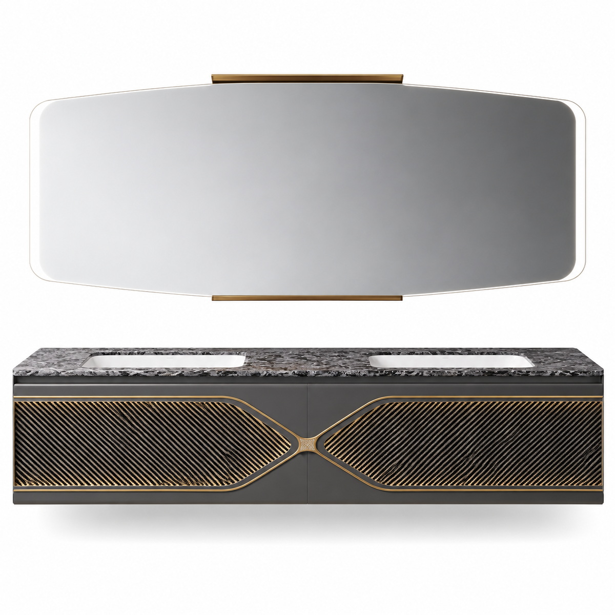 NB-3003-200 vanity cabinet, basin and matching mirror on white background