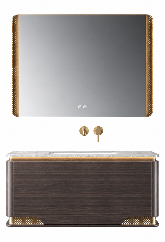 NB-3007-100 vanity cabinet, basin and matching mirror on white background