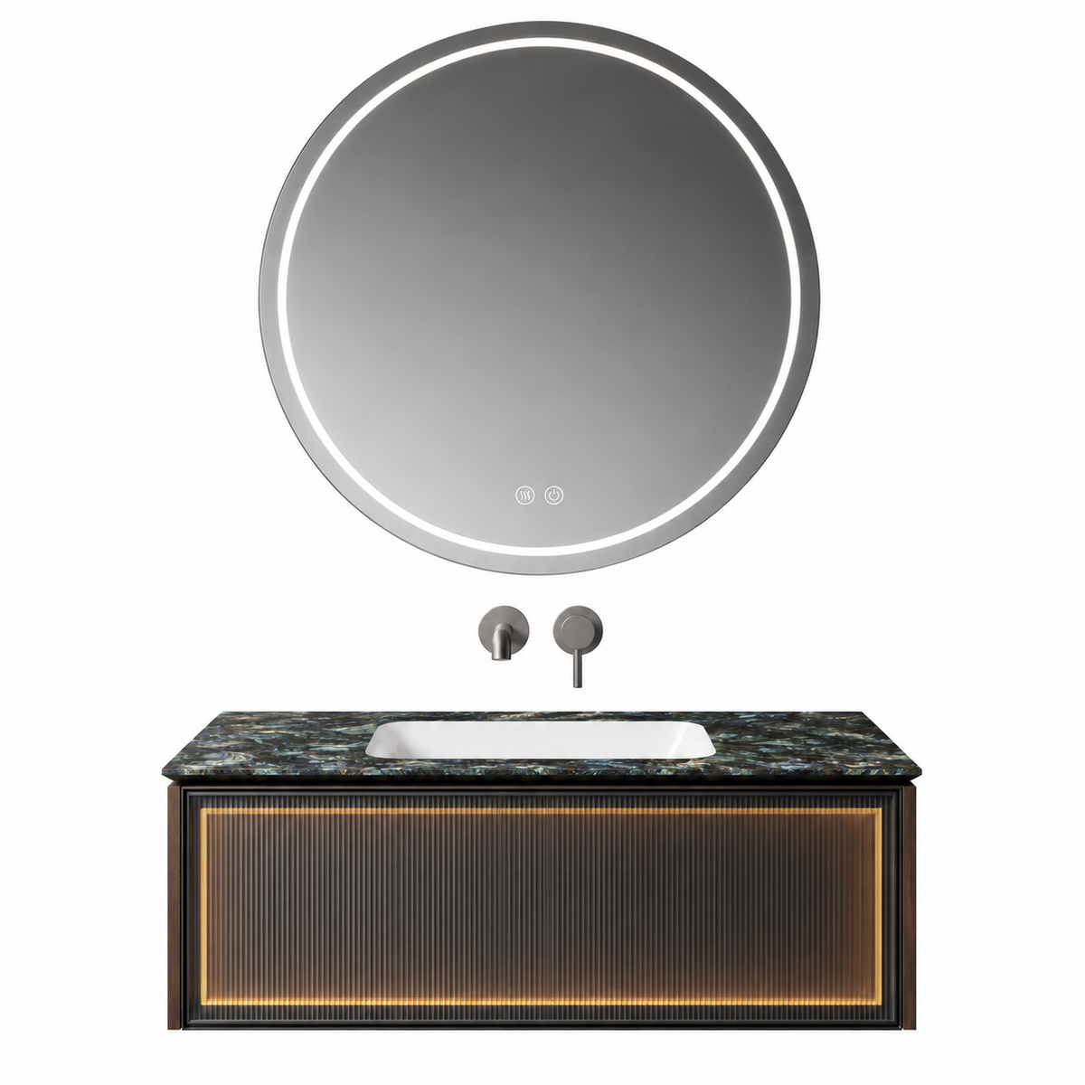 NB-3010-100 vanity cabinet, basin and matching mirror on white background