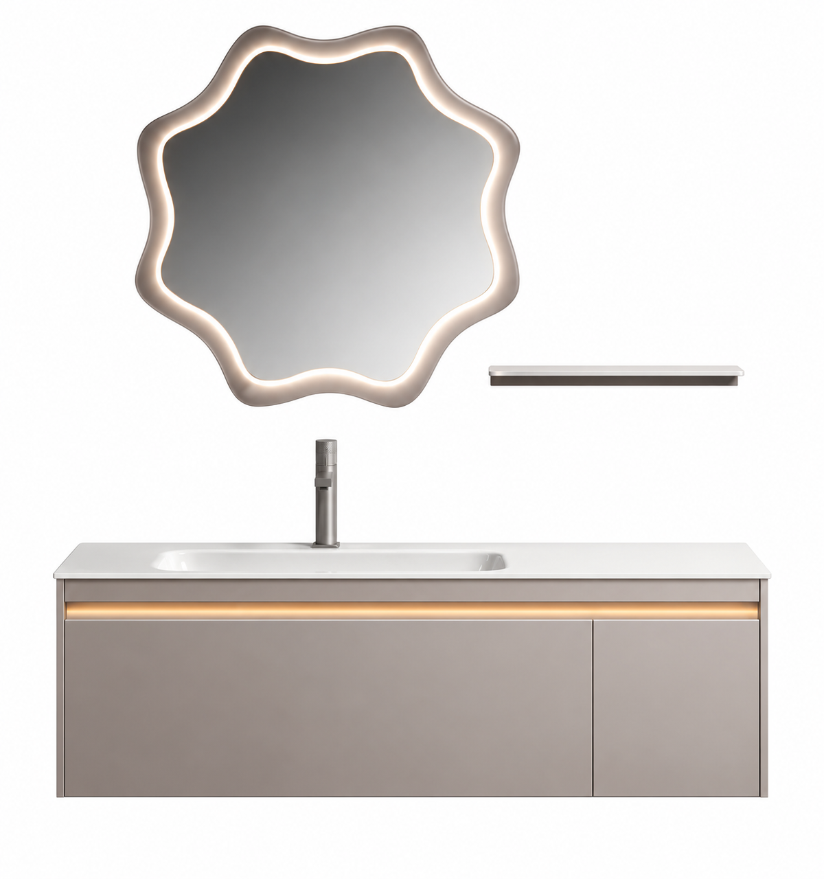 NB-3011-120 vanity cabinet, basin and matching mirror on white background