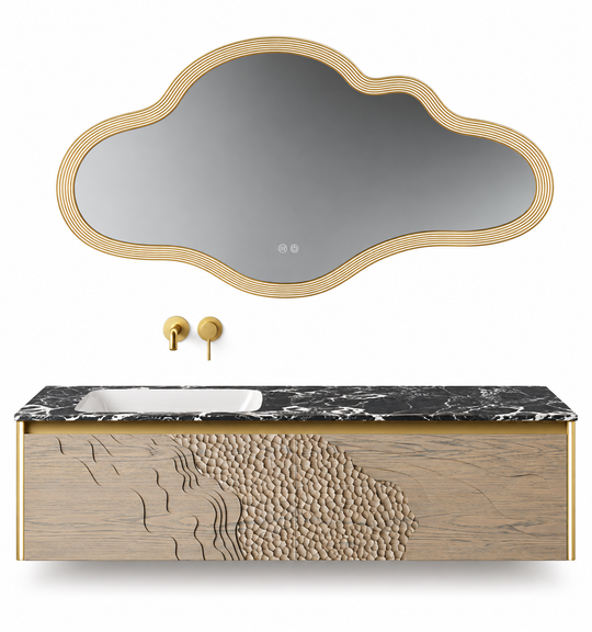 NB-3017-160 vanity cabinet, basin and matching mirror on white background