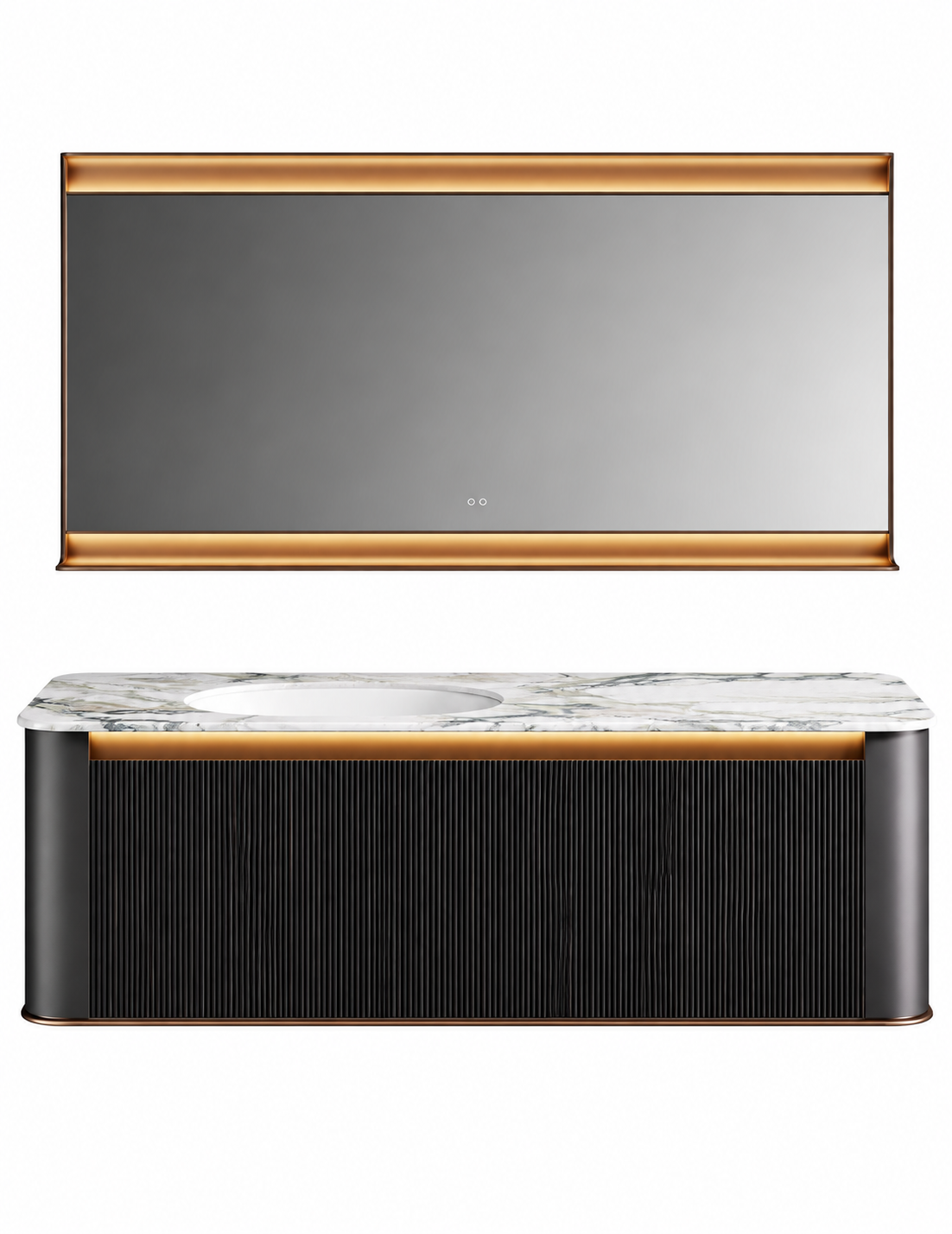 NB-3022-130 vanity cabinet, basin and matching mirror on white background