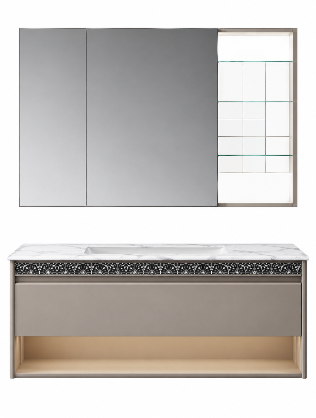 NB-3026-100 vanity cabinet, basin and matching mirror on white background