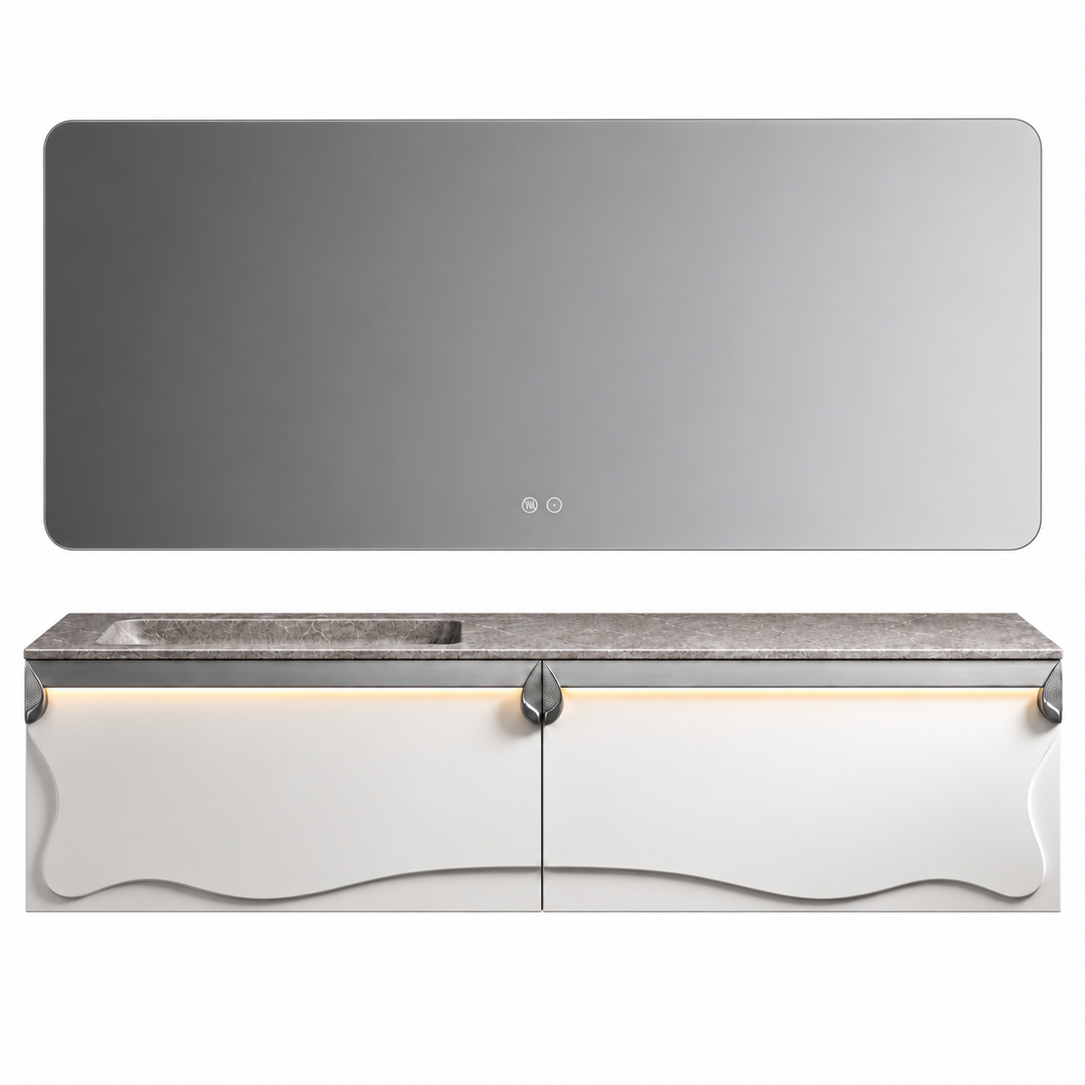 NB-3028-160 vanity cabinet, basin and matching mirror on white background