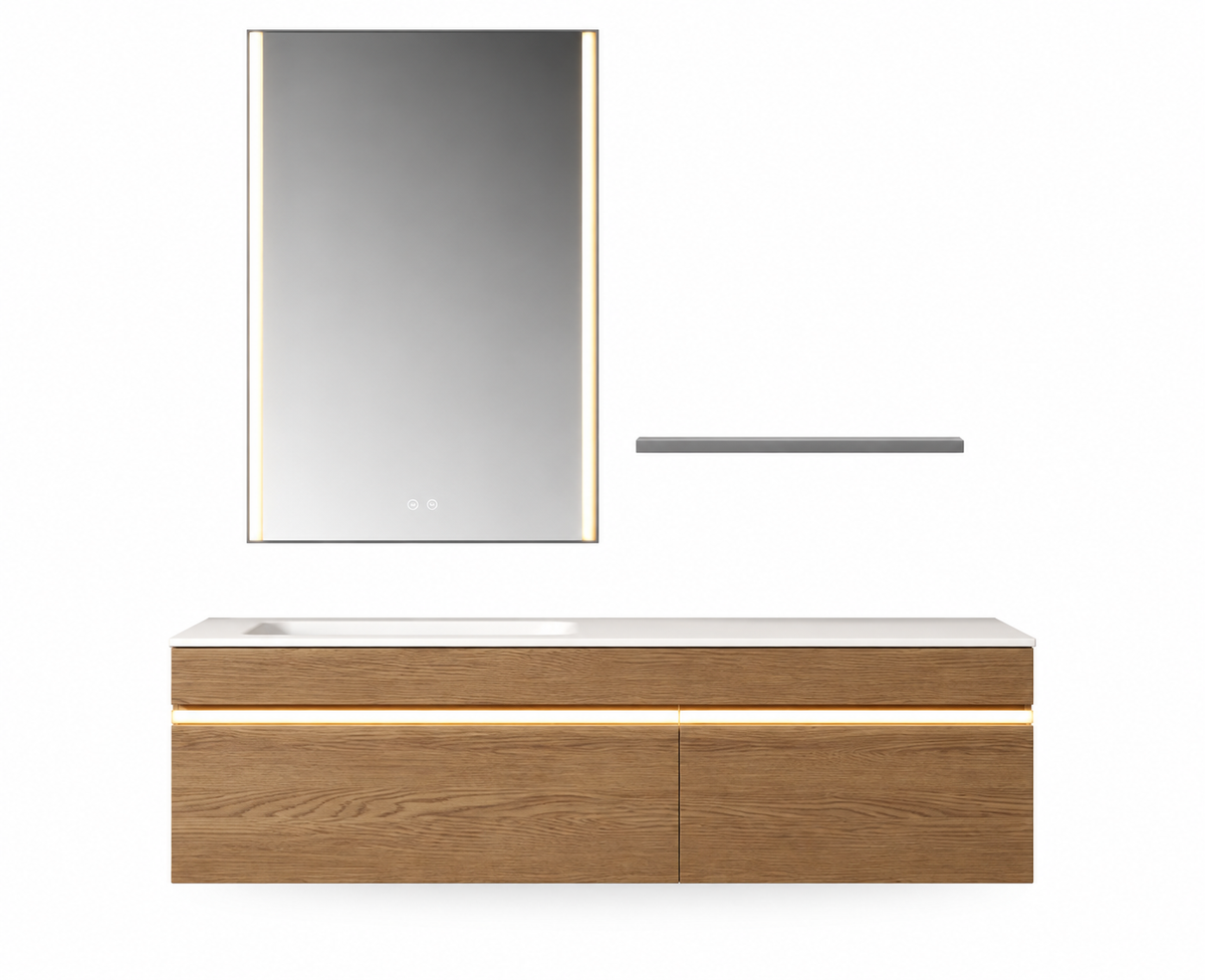 NB-3032-140 vanity cabinet, basin and matching mirror on white background