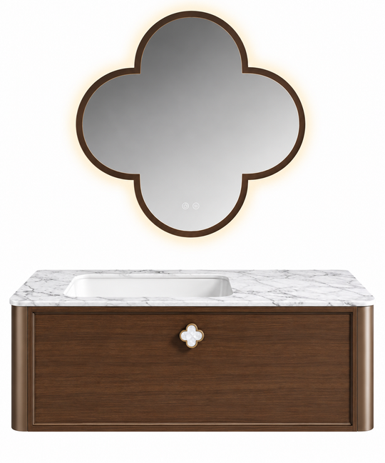 NB-3033-100 vanity cabinet, basin and matching mirror on white background