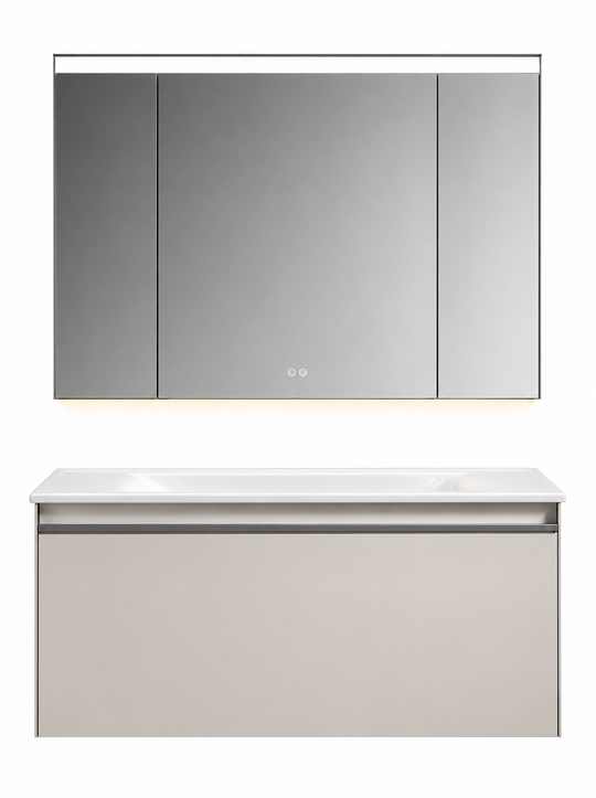 NB-3035-100 vanity cabinet, basin and matching mirror on white background