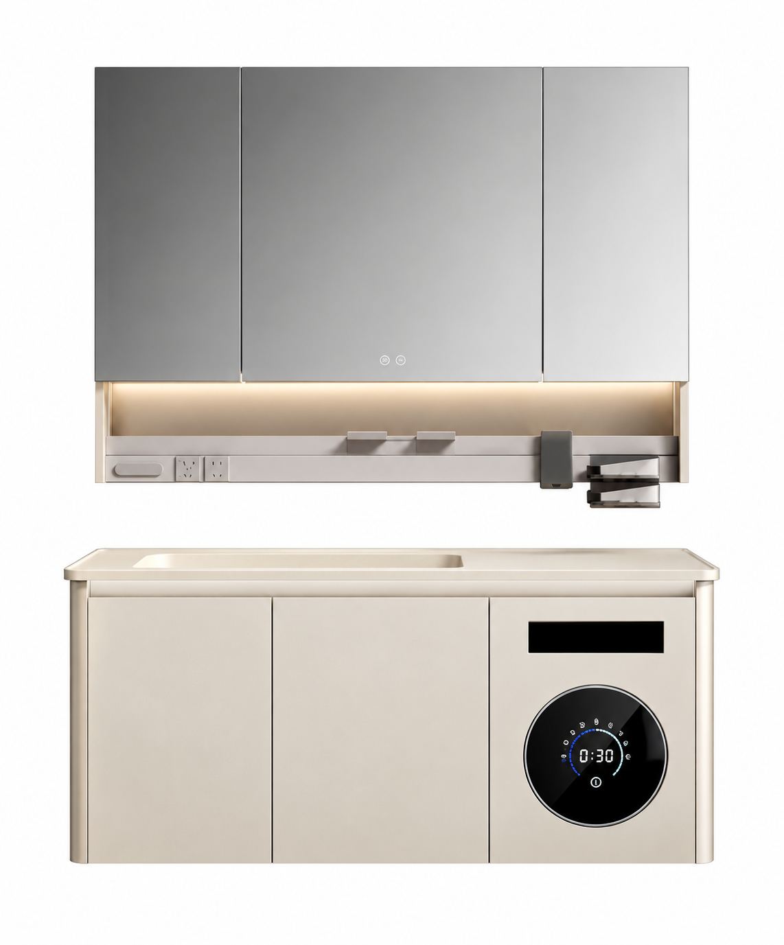 NB-3040-120 vanity cabinet, basin and matching mirror on white background