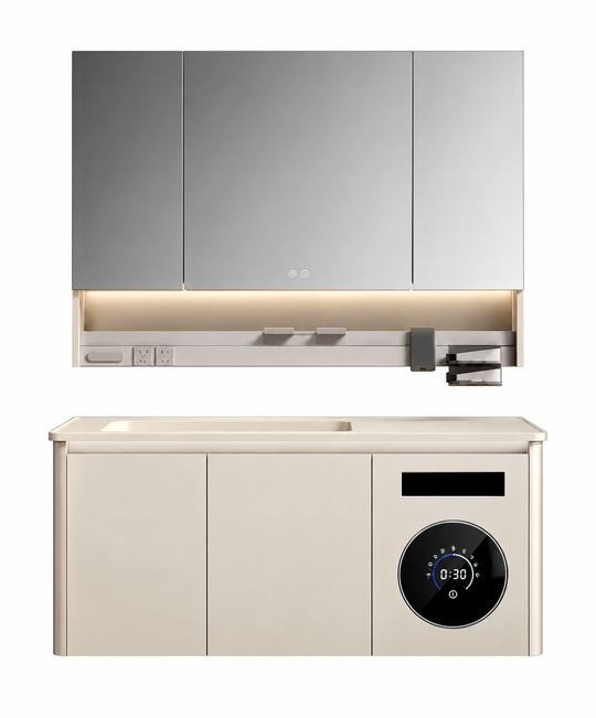 NB-3040-120 vanity cabinet, basin and matching mirror on white background