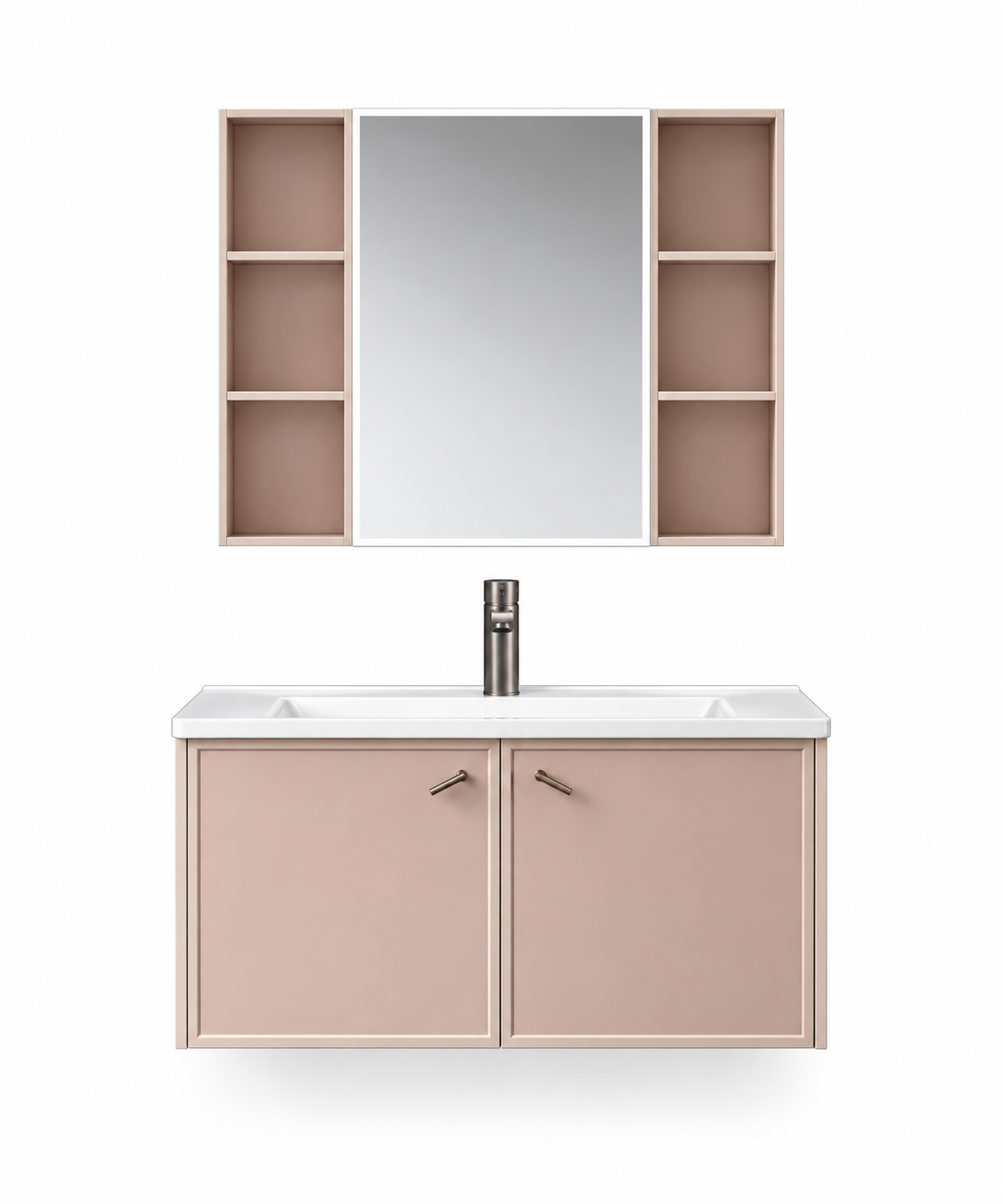 NB-502A-900 vanity cabinet, basin and matching mirror on white background
